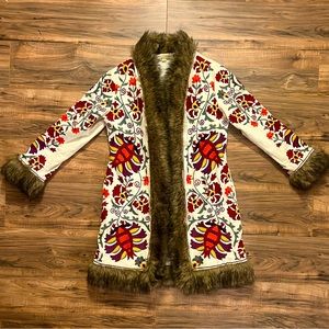 Lovestitch Embroidered Penny Lane Afghan Coat with Faux Fur Trim